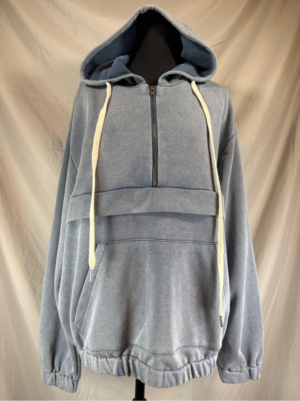 POL Clothing Mineral-Wash Quarter-Zip Hoodie Denim Blue - Size Small